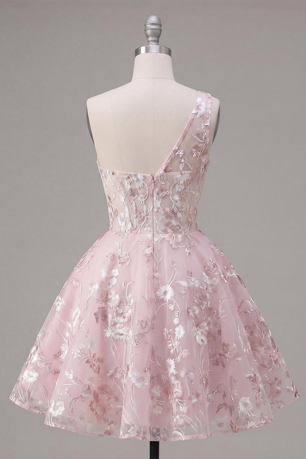 One Shoulder Pink Floral A Line Short Homecoming Dress