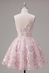 One Shoulder Pink Floral A Line Short Homecoming Dress
