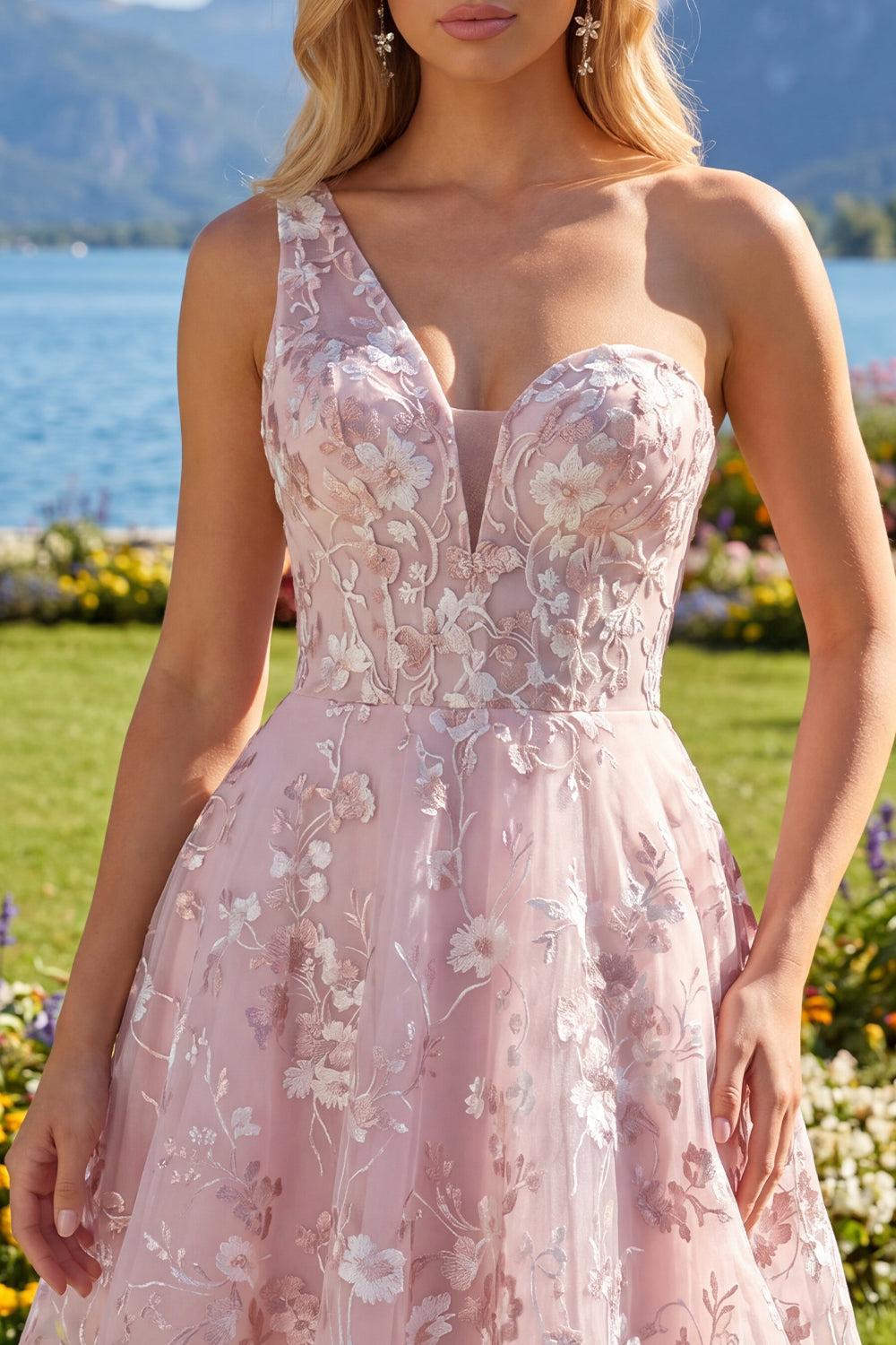 One Shoulder Pink Floral A Line Short Homecoming Dress