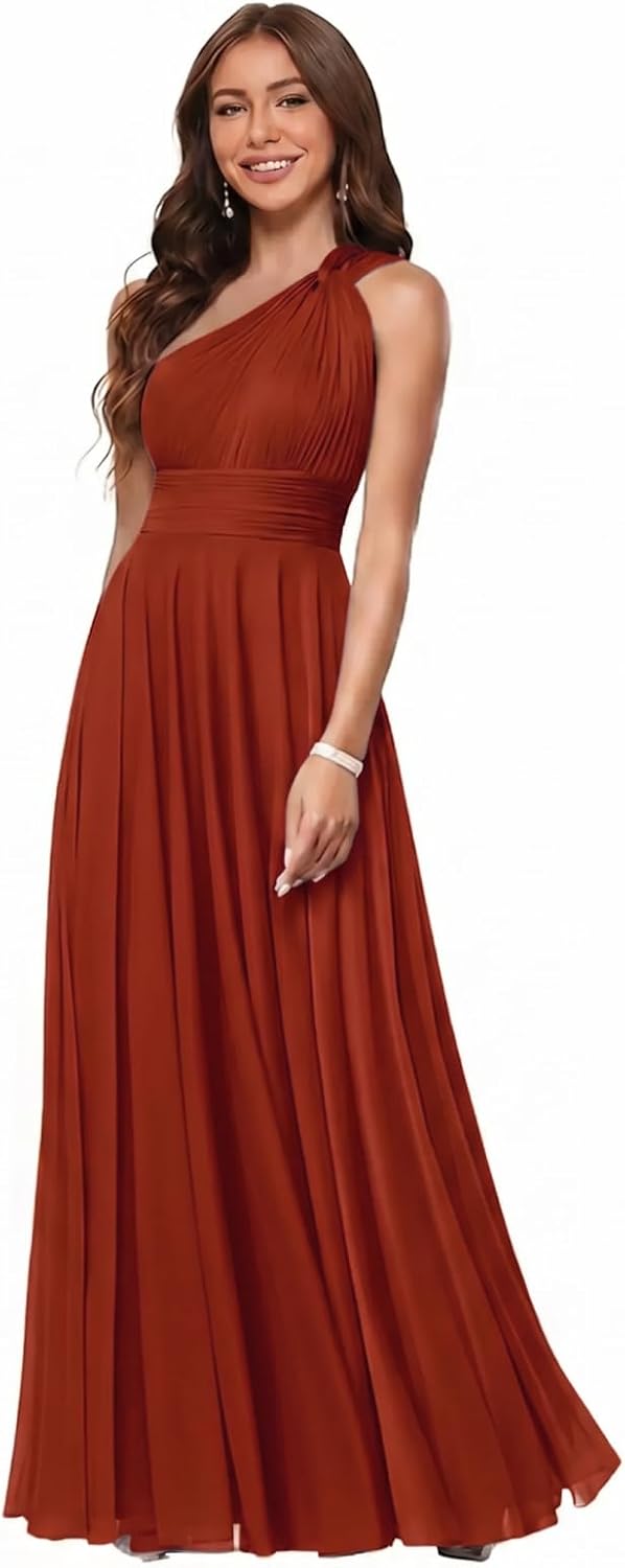 One Shoulder Pleated Chiffon Bridesmaid Dress with Lace-Up Back