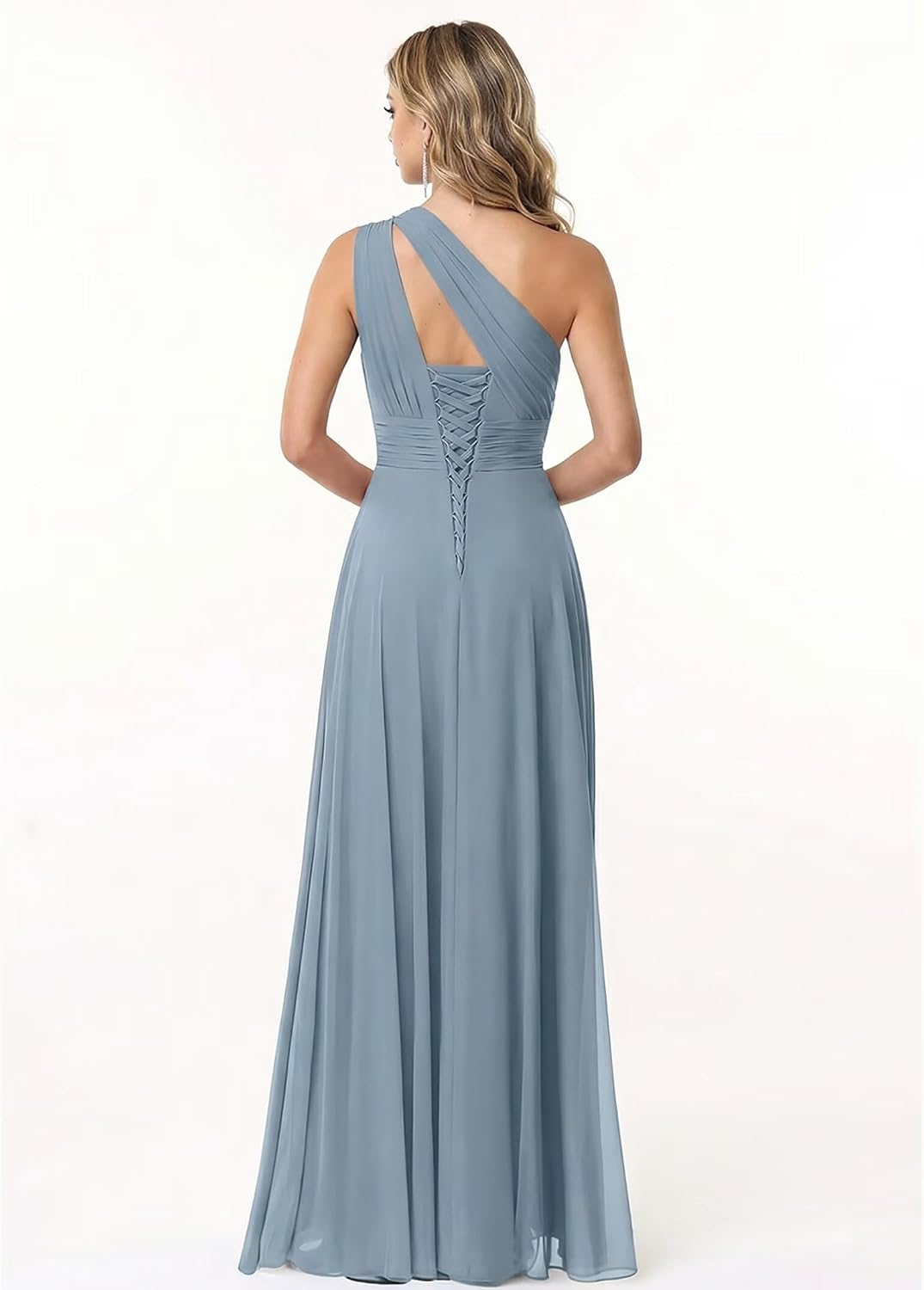 One Shoulder Pleated Chiffon Bridesmaid Dress with Lace-Up Back