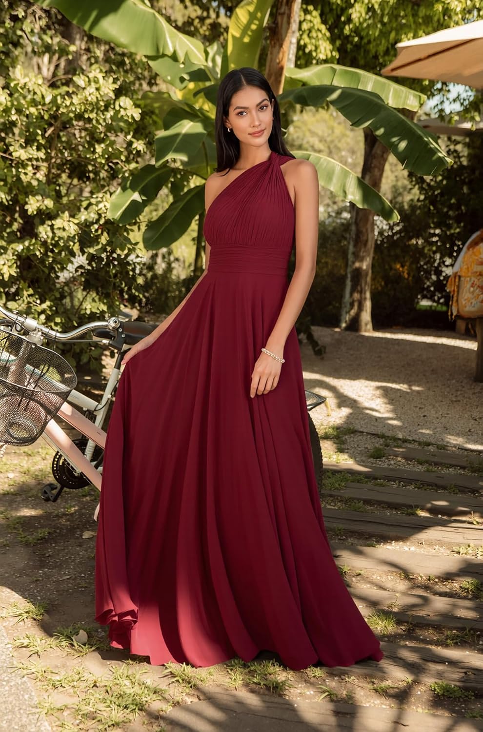 One Shoulder Pleated Chiffon Bridesmaid Dress with Lace-Up Back