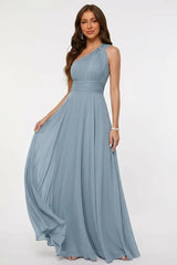 One Shoulder Pleated Chiffon Bridesmaid Dress with Lace-Up Back