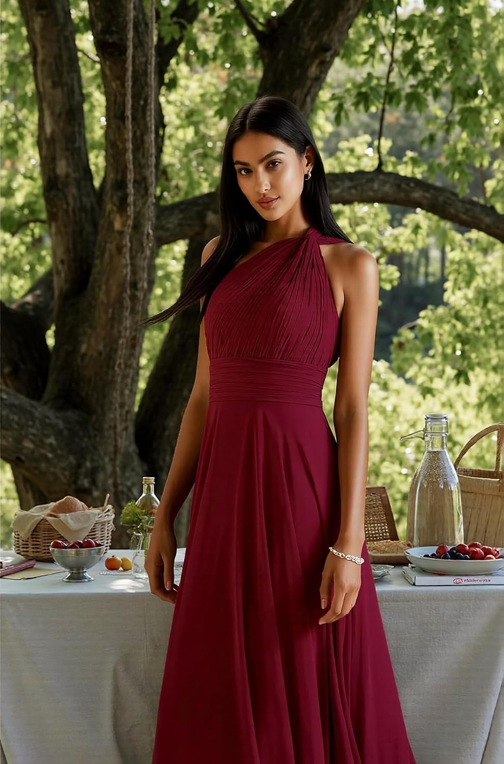 One Shoulder Pleated Chiffon Bridesmaid Dress with Lace-Up Back