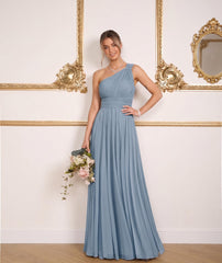 One Shoulder Pleated Chiffon Bridesmaid Dress with Lace-Up Back