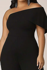 One Shoulder Plus Size Black Wedding Guest Dress Long Formal Jumpsuit