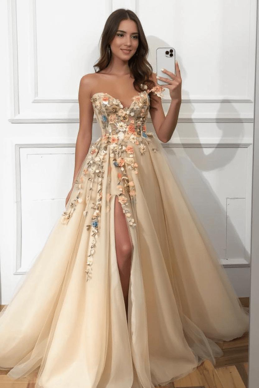 One Shoulder Prom Dress Tulle A Line Slit Evening Dress With Flowers