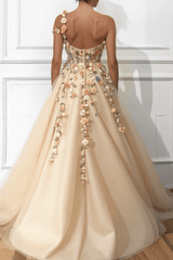 One Shoulder Prom Dress Tulle A Line Slit Evening Dress With Flowers