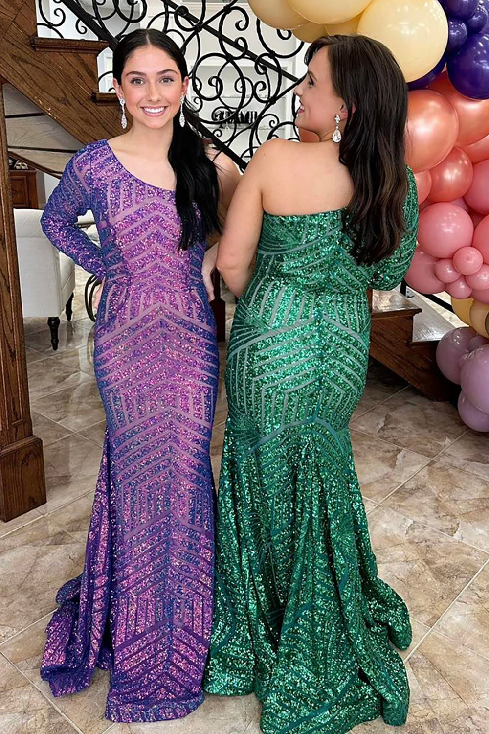One Shoulder Purple Prom Dress Mermaid Formal Dress With Long Sleeves