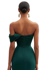 Dreamyannie One Shoulder Ruched Mermaid Dark Green Wedding Guest Dress Long Formal Dress