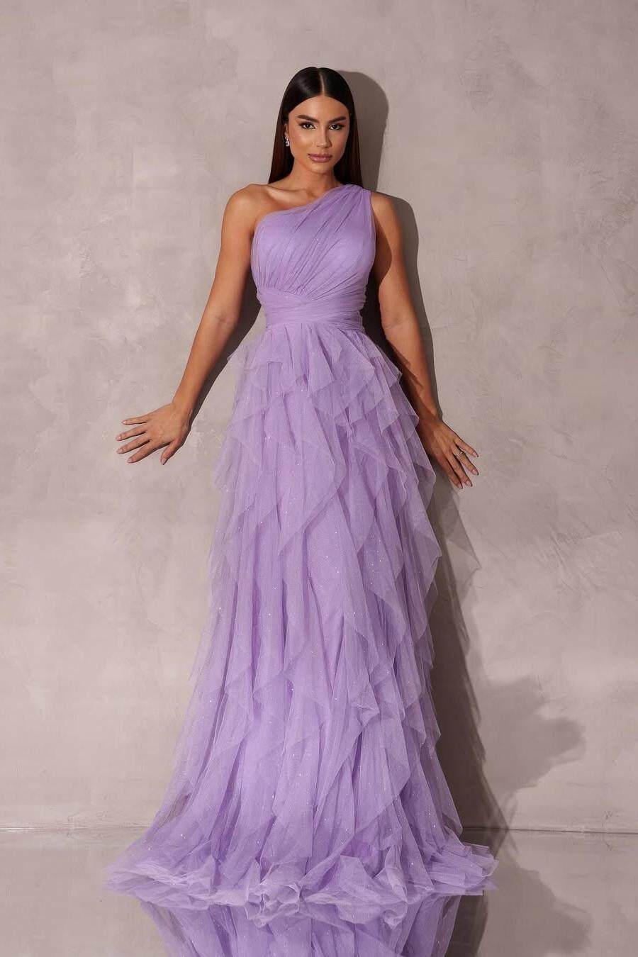 Lavender one-shoulder prom dress with ruched glitter tulle bodice and tiered A-line skirt
