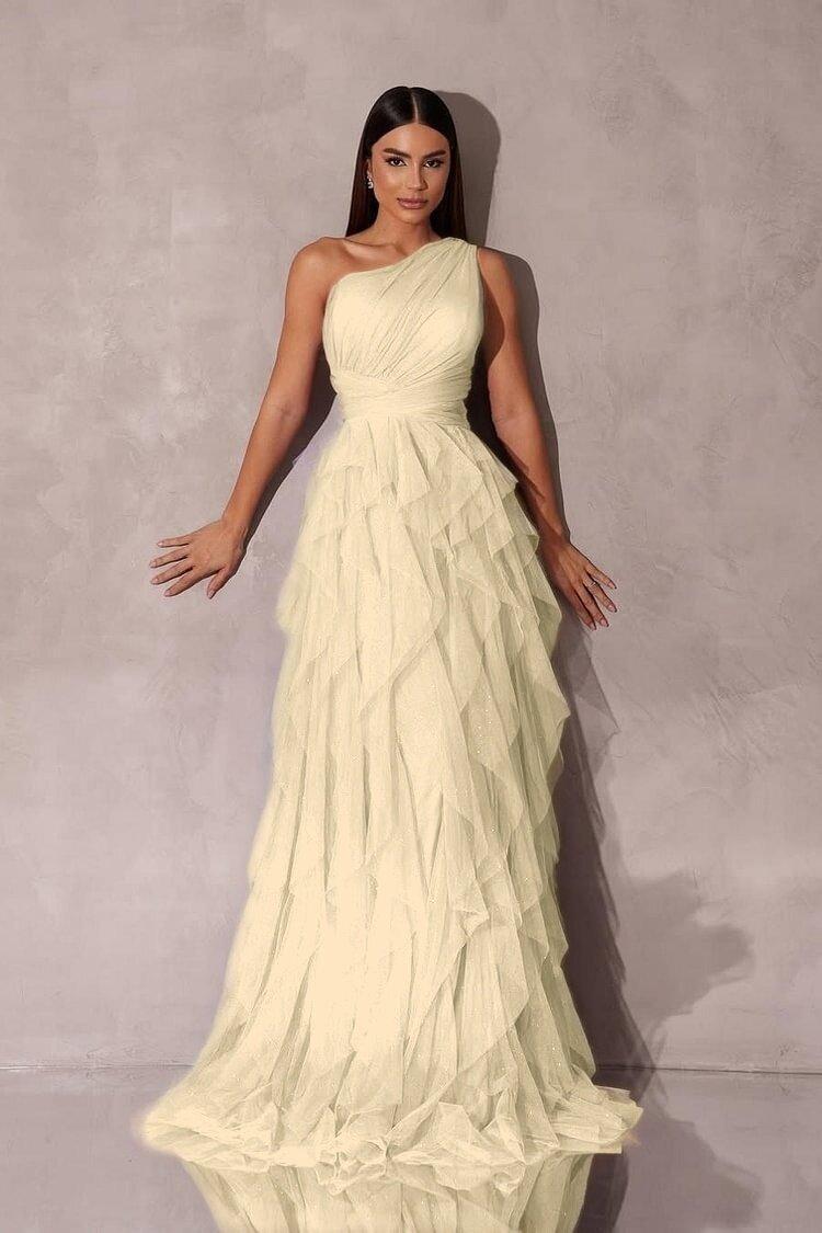Light yellow one-shoulder prom dress with ruched tulle bodice and tiered ruffle skirt