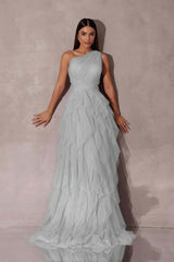 Mist grey-blue one-shoulder prom dress with ruched bodice and cascading tiered tulle skirt