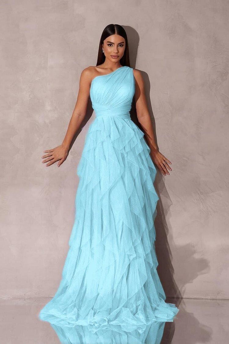 Sky blue one-shoulder A-line prom dress with glitter tulle tiers and floor-length skirt