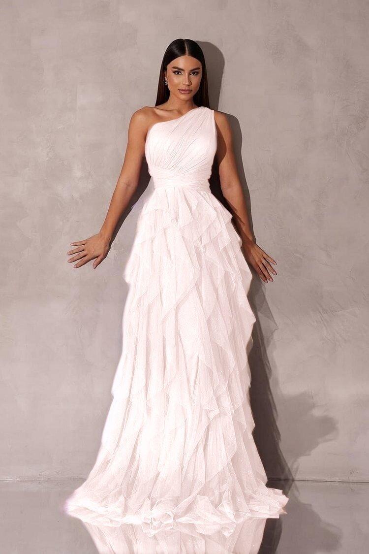 White one-shoulder prom dress with ruched bodice and ruffled glitter tulle skirt