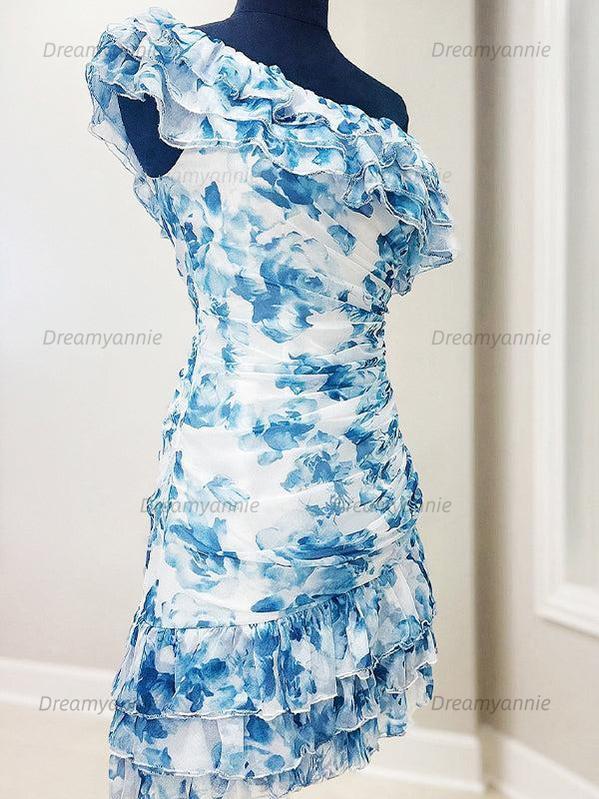 One Shoulder Ruffled Ruched Empire Floral Homecoming Dress