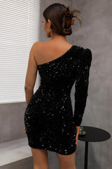 One Shoulder Sequin Little Black Homecoming Dress