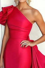 One Shoulder Sheath Watermelon Gala Dress With Cape
