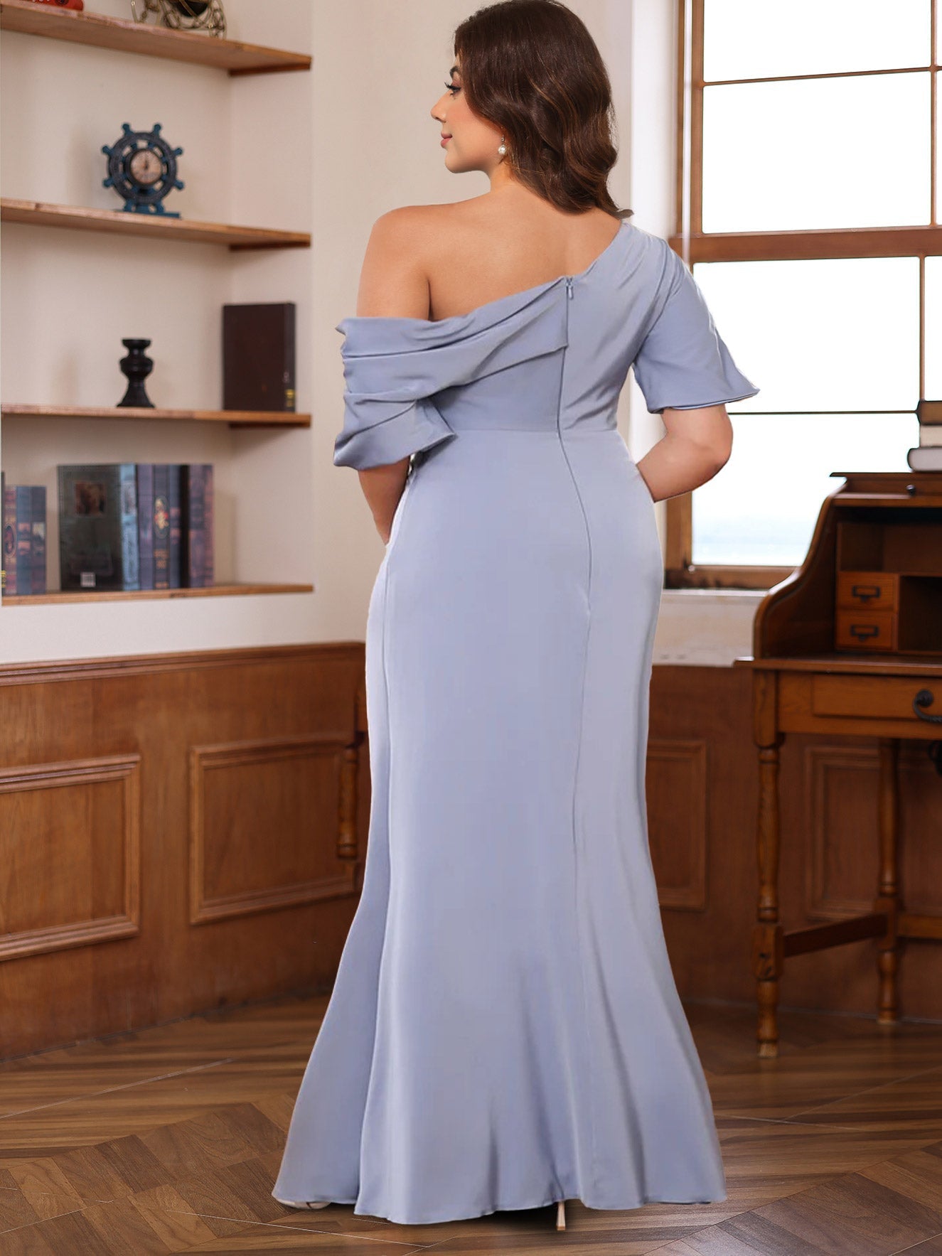 One Shoulder Silk Satin Gown with Ruffles for Plus Size Mothers of the Bride
