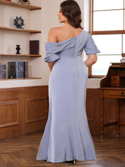 One Shoulder Silk Satin Gown with Ruffles for Plus Size Mothers of the Bride