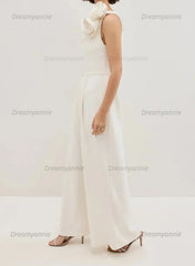 One Shoulder Sleeveless Floor Length Elastic Satin Wedding Jumpsuit with Flowers