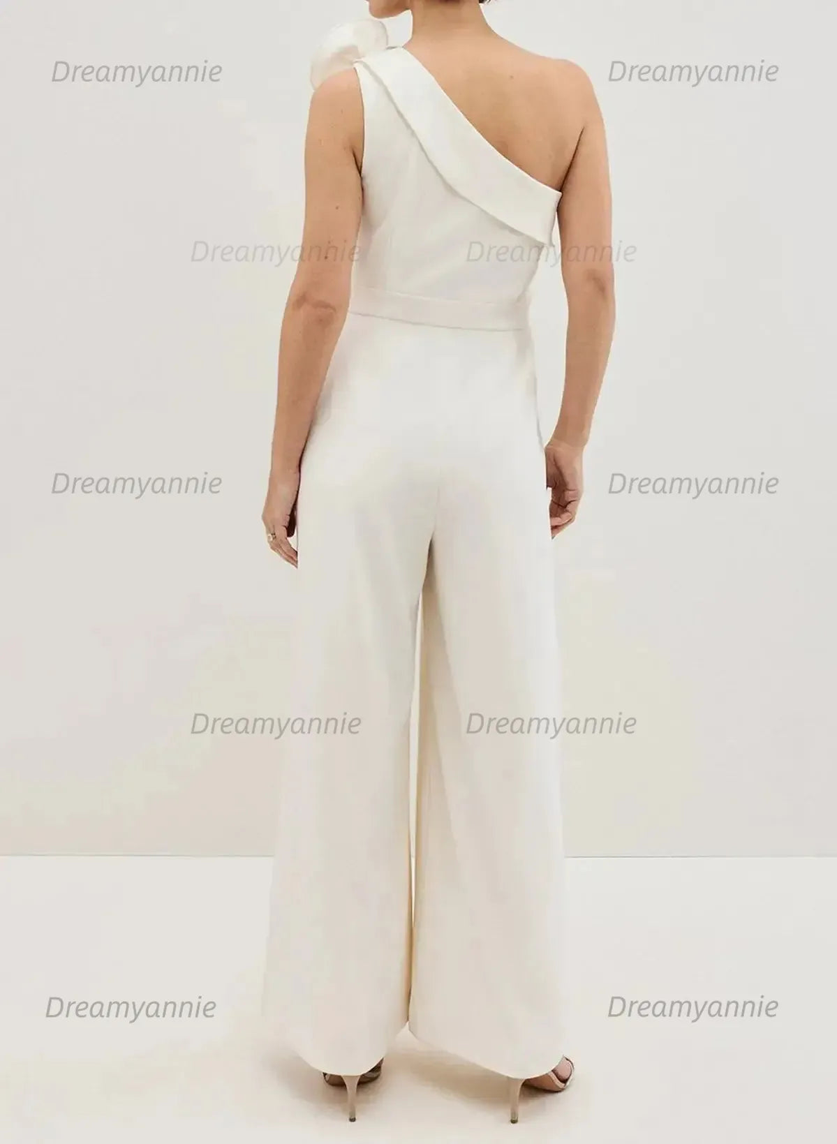 One Shoulder Sleeveless Floor Length Elastic Satin Wedding Jumpsuit with Flowers