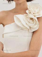 One Shoulder Sleeveless Floor Length Elastic Satin Wedding Jumpsuit with Flowers