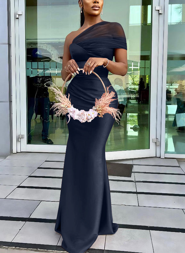 trumpet bridesmaid dresses Bridesmaid Dresses Silver One Shoulder Trumpet/Mermaid Sleeveless Pleats Stretch Satin Bridesmaid Dresses
