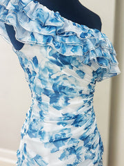 One Shoulder Ruffled Ruched Empire Floral Homecoming Dress