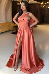 Orange A Line Prom Dress Sleeveless One Shoulder Beaded Formal Dress