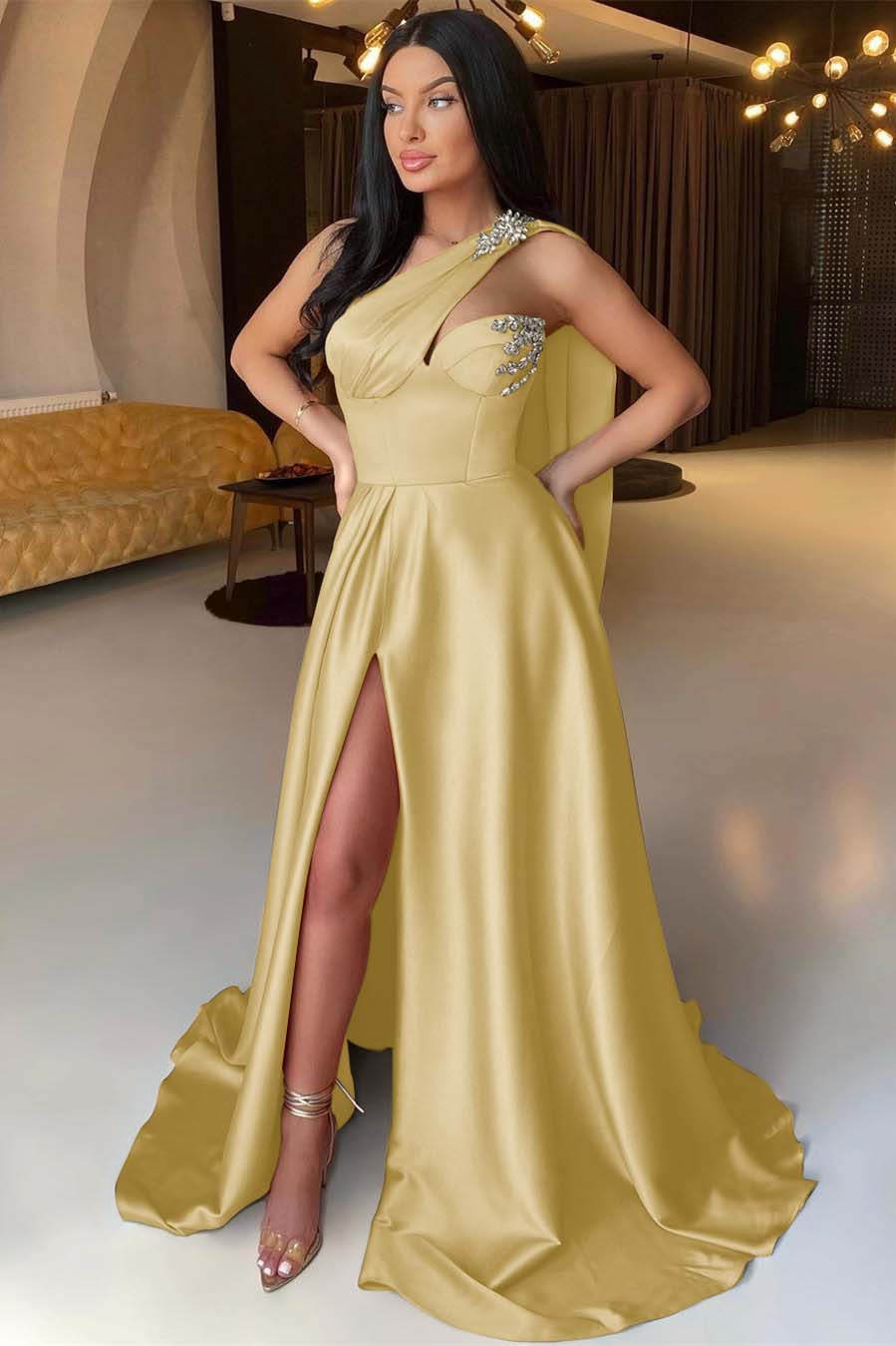 Orange A Line Prom Dress Sleeveless One Shoulder Beaded Formal Dress