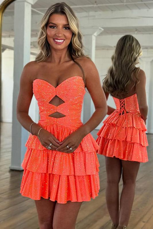 Orange A Line Strapless Sweetheart Satin Homecoming Dress with Keyhole