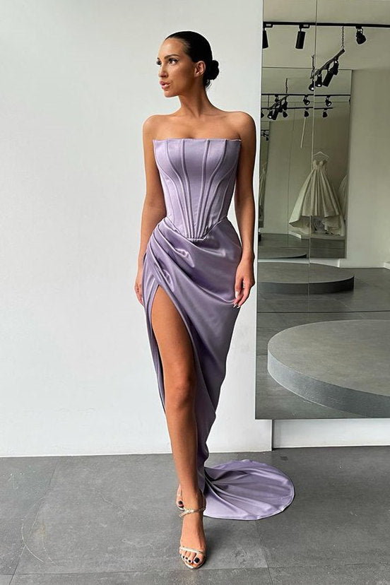 Orange High Split Strapless Pleats Prom Dress With Court Train