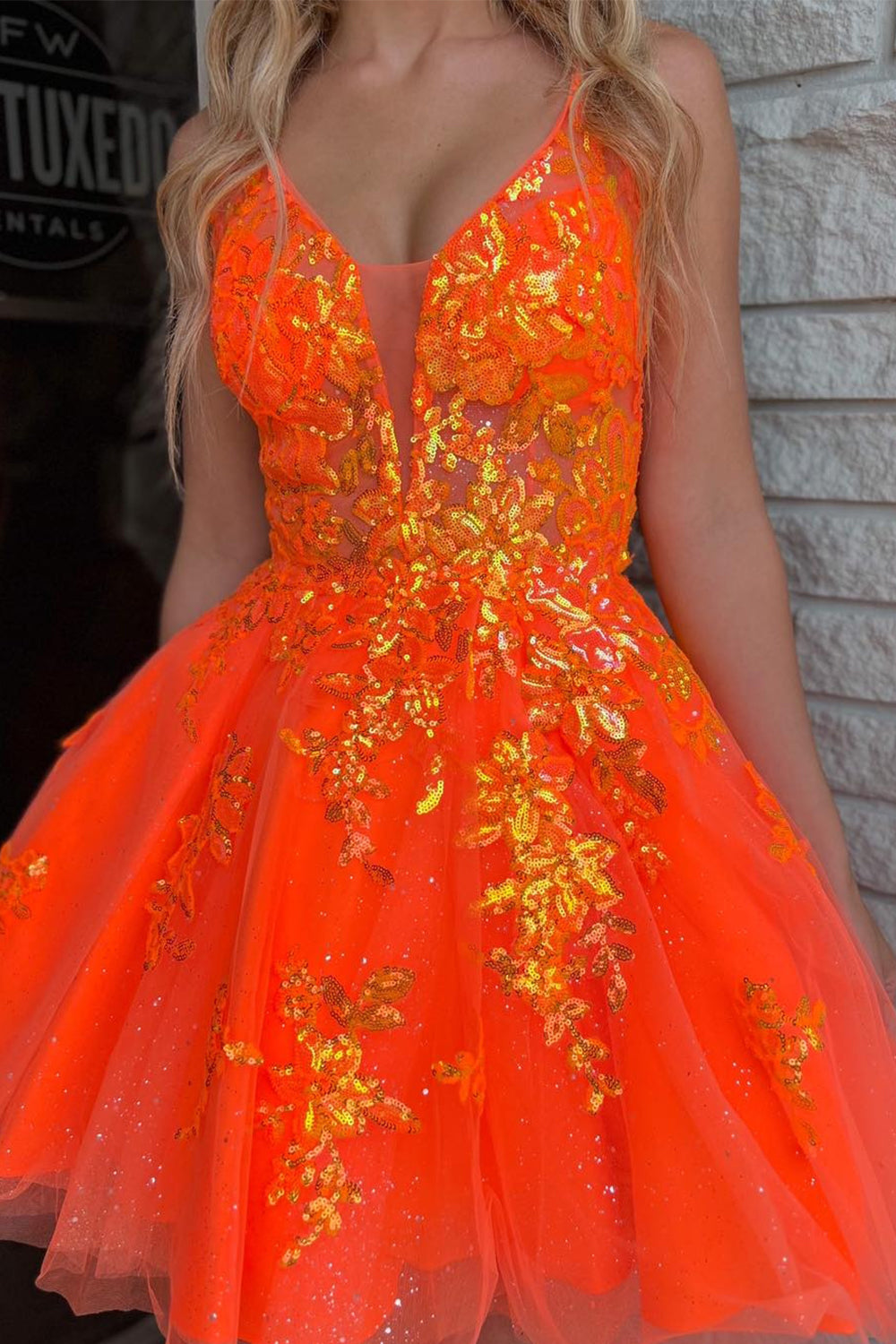 Orange Homecoming Dress A-Line Spaghetti Straps Short Cocktail Dresses with Sequin