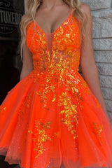 Orange Homecoming Dress A-Line Spaghetti Straps Short Cocktail Dresses with Sequin