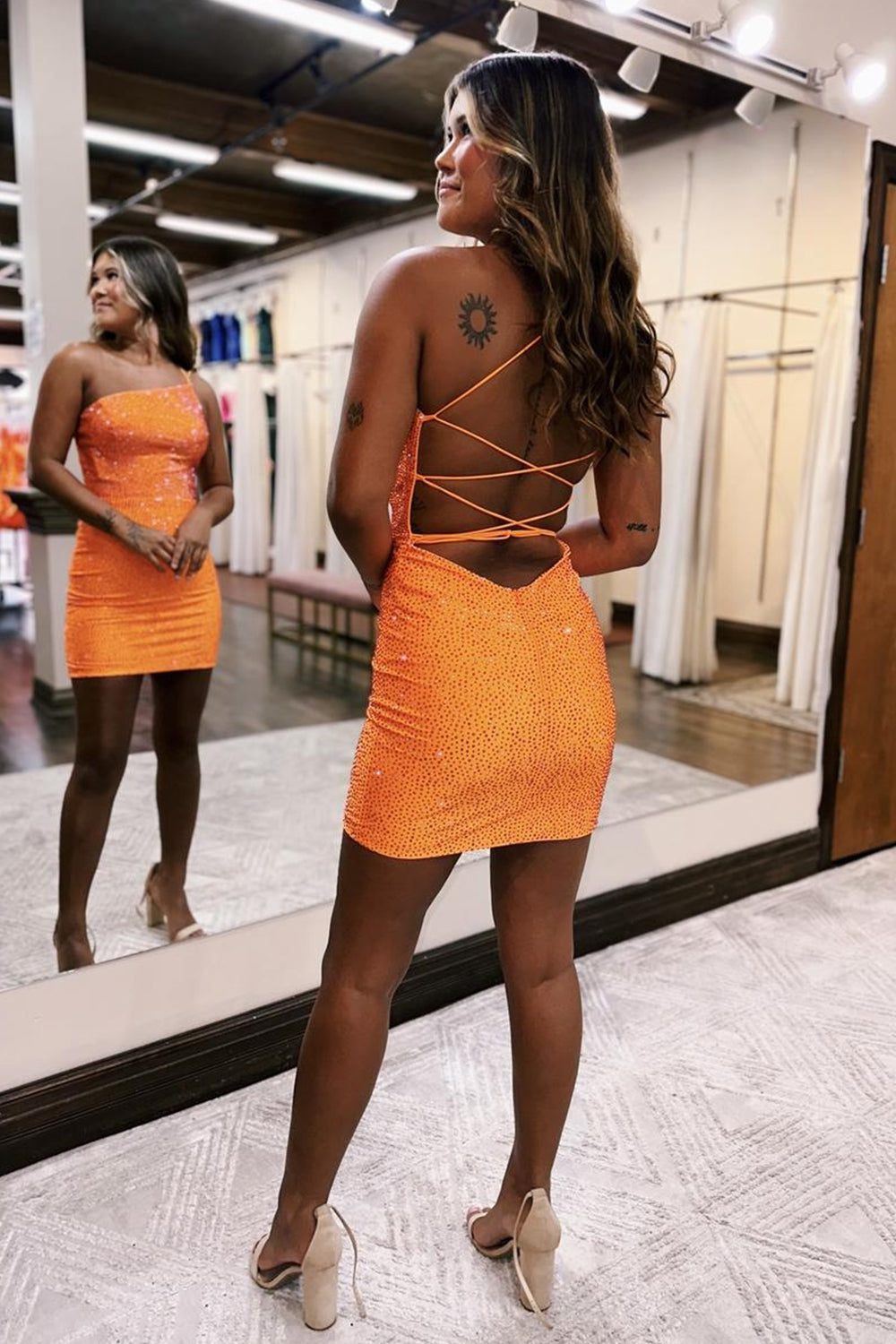 Orange Homecoming Dress Beaded One Shoulder Sequin Tight Cocktail Party Dresses