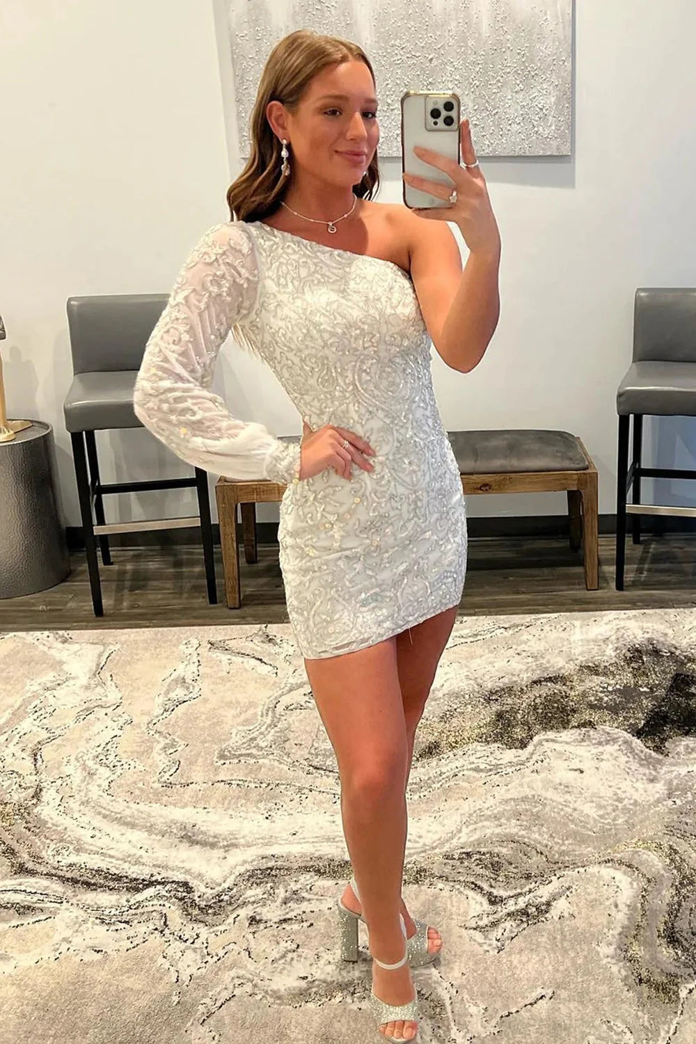Orange Homecoming Dress Beaded Sequin One Shoulder Tight Cocktail Party Dresses