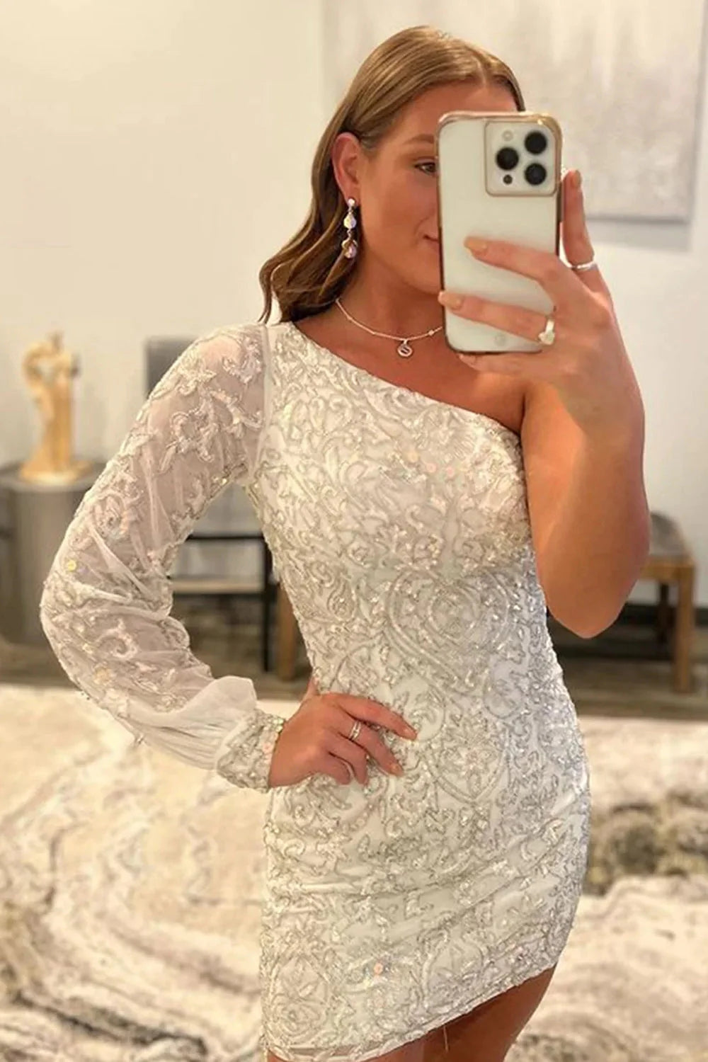 Orange Homecoming Dress Beaded Sequin One Shoulder Tight Cocktail Party Dresses