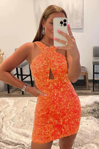 Orange Homecoming Dress Cross V-Neck Sequin Tight Cocktail Party Dresses
