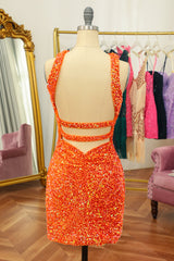 Orange Homecoming Dress Cross V-Neck Sequin Tight Prom Dress