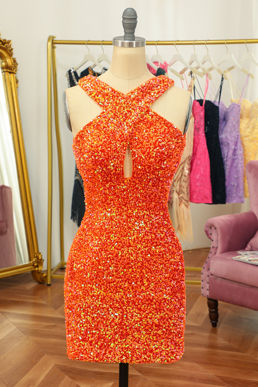 Orange Homecoming Dress Cross V-Neck Sequin Tight Prom Dress