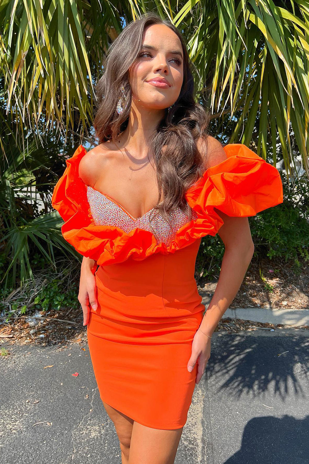 Orange Homecoming Dress Off The Shoulder Bodycon Beaded Prom Dress
