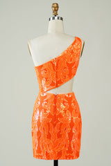 Orange Homecoming Dress One Shoulder Glitter Prom Dress with Hollow-out