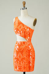 Orange Homecoming Dress One Shoulder Glitter Prom Dress with Hollow-out