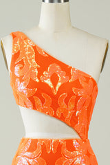 Orange Homecoming Dress One Shoulder Glitter Prom Dress with Hollow-out