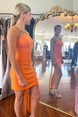 Orange Homecoming Dress One Shoulder Tight Short Prom Dress With Fringes