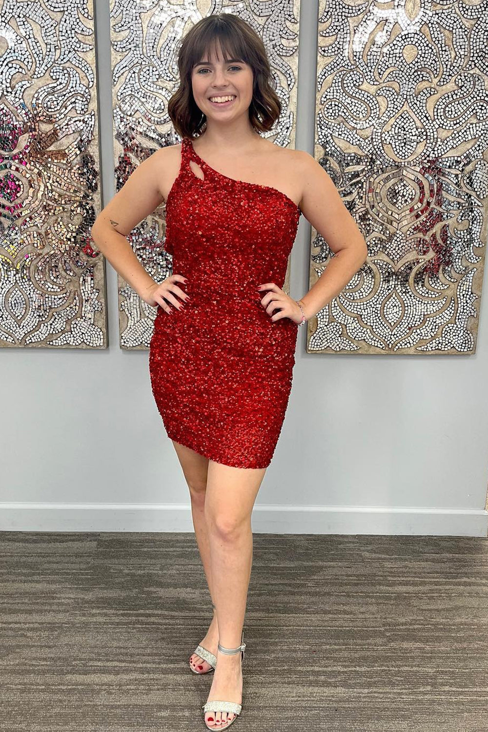 Orange Homecoming Dress Open Back One Shoulder Sequin Tight Cocktail Party Dresses