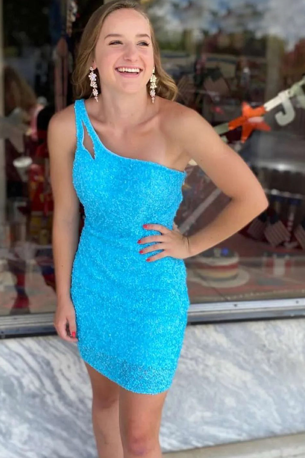 Orange Homecoming Dress Open Back One Shoulder Sequin Tight Cocktail Party Dresses