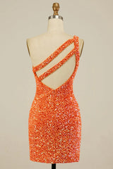 Orange Homecoming Dress Open Back One Shoulder Sequin Tight Cocktail Party Dresses