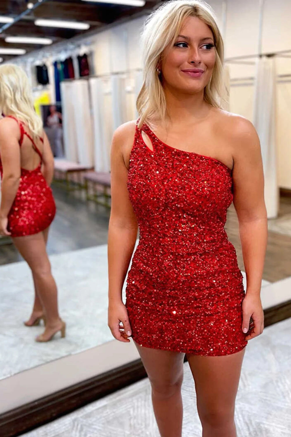 Orange Homecoming Dress Open Back One Shoulder Sequin Tight Prom Dress